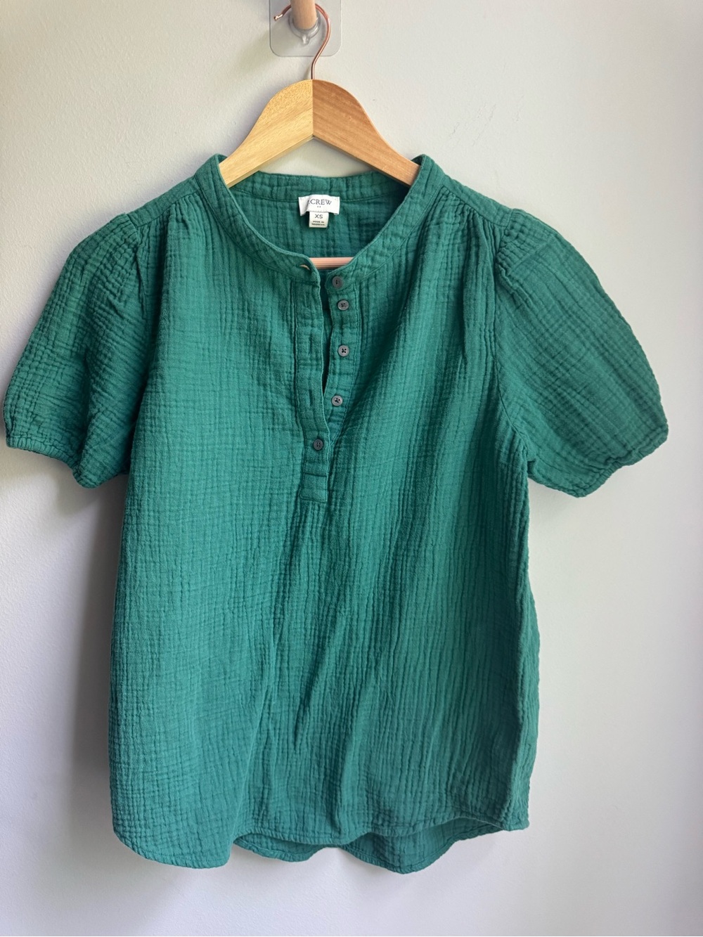 J. Crew Teal Textured Short-Sleeve Henley Top Linen feel